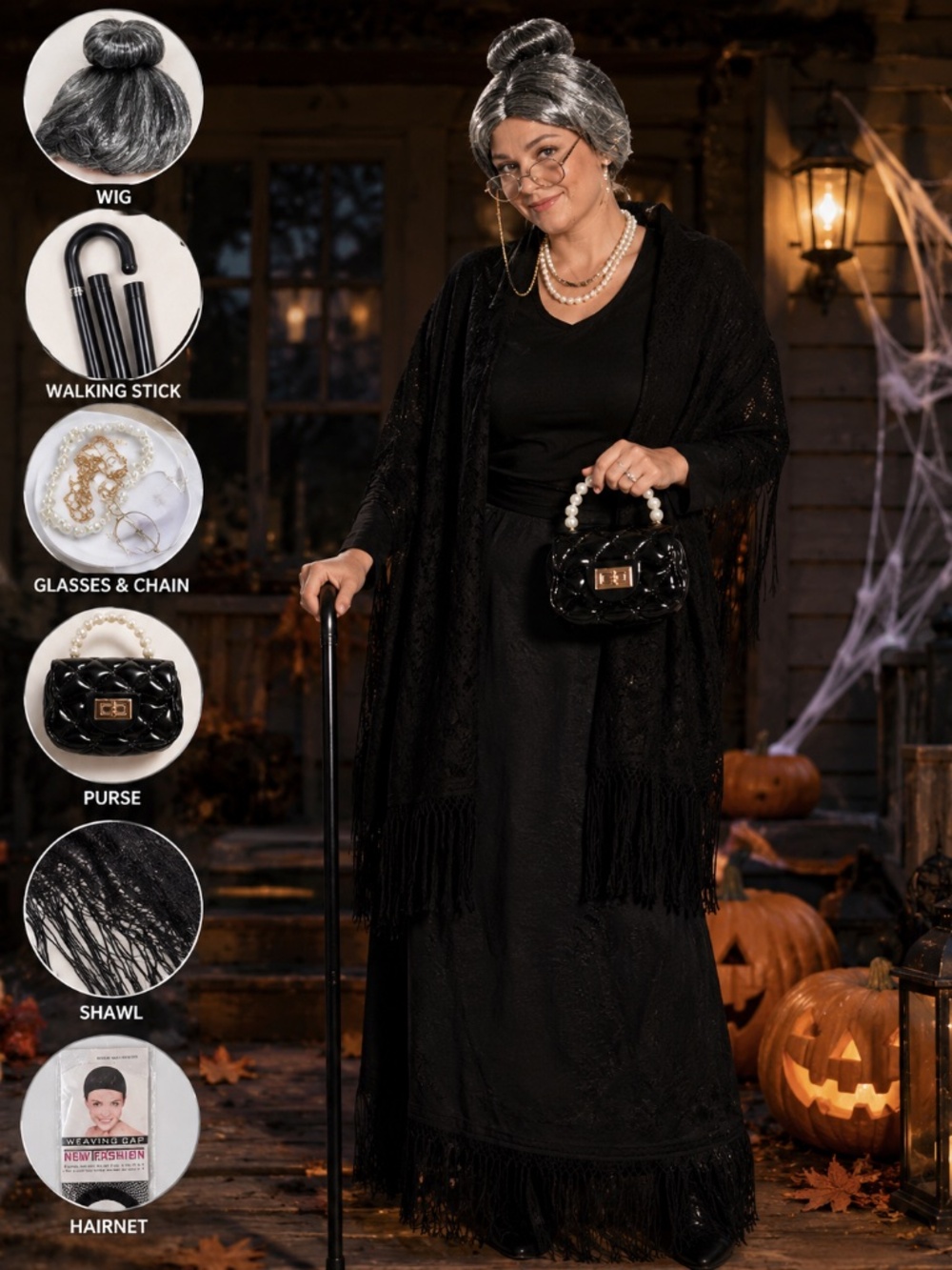 NWT Complete Old Lady Halloween Costume With Wig And Shawl